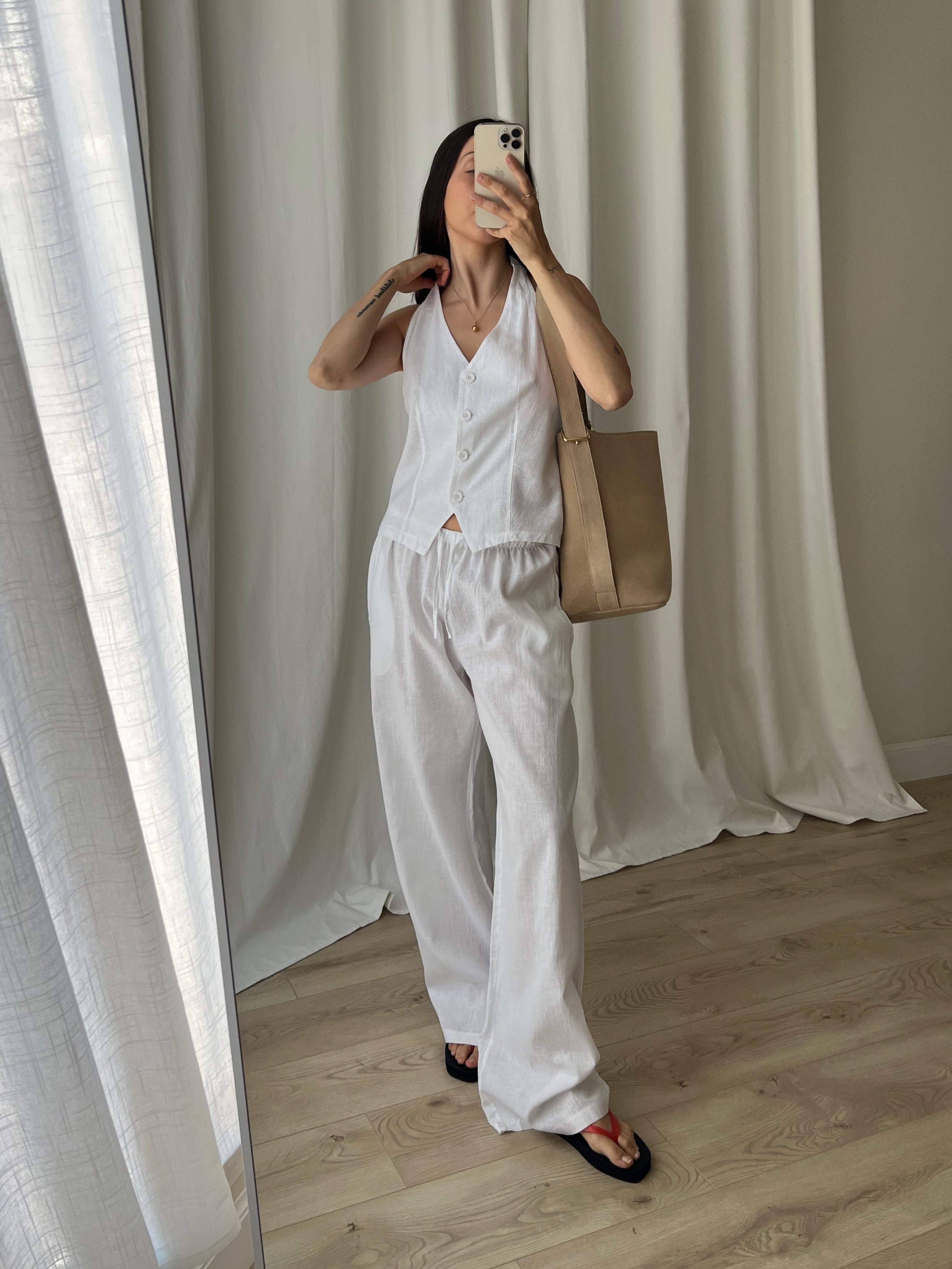Linen and cotton wide leg pants - White