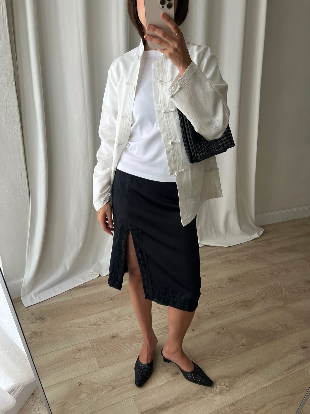 Pure silk lace details satin skirt
