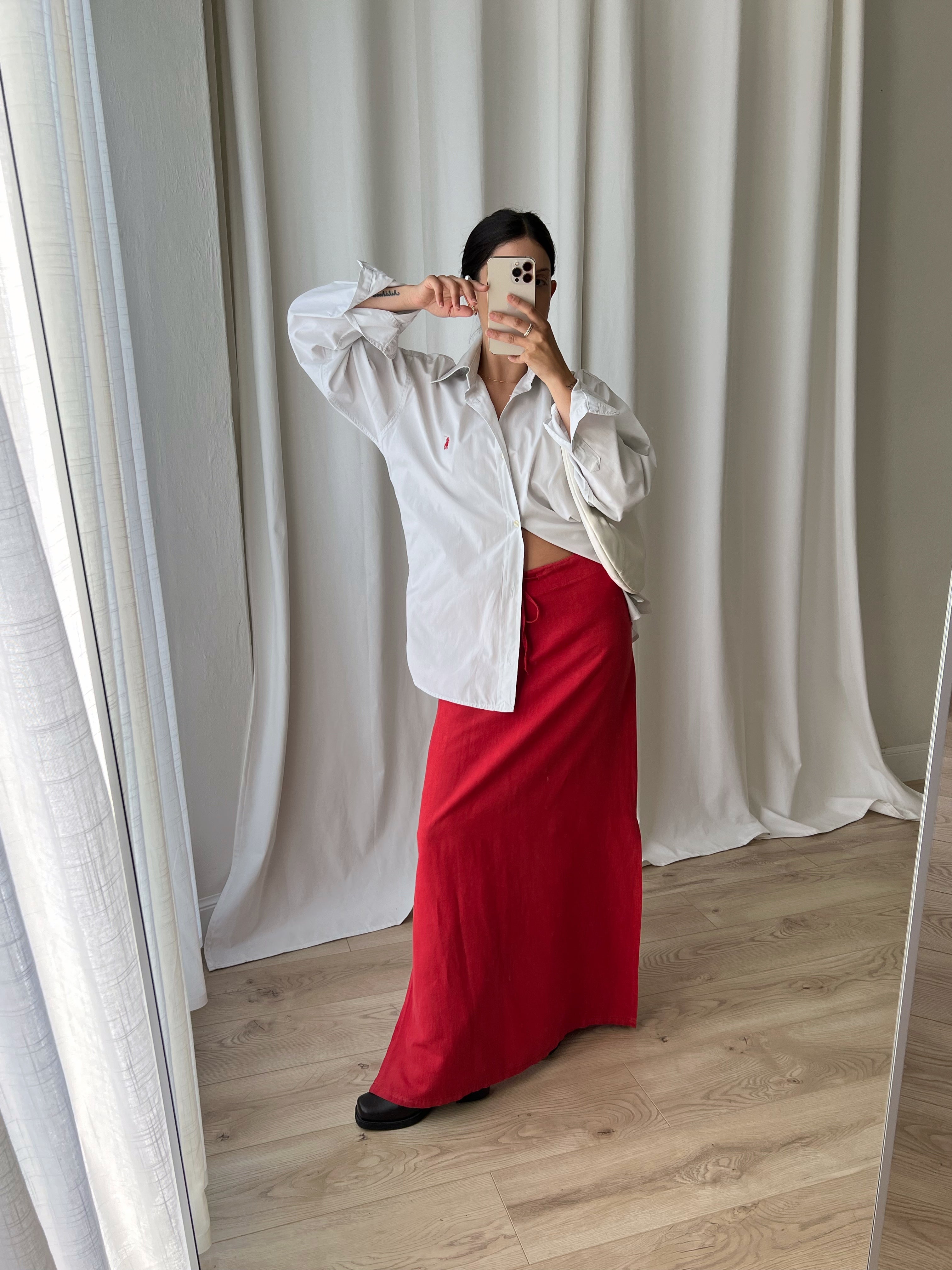 100% linen long red skirt