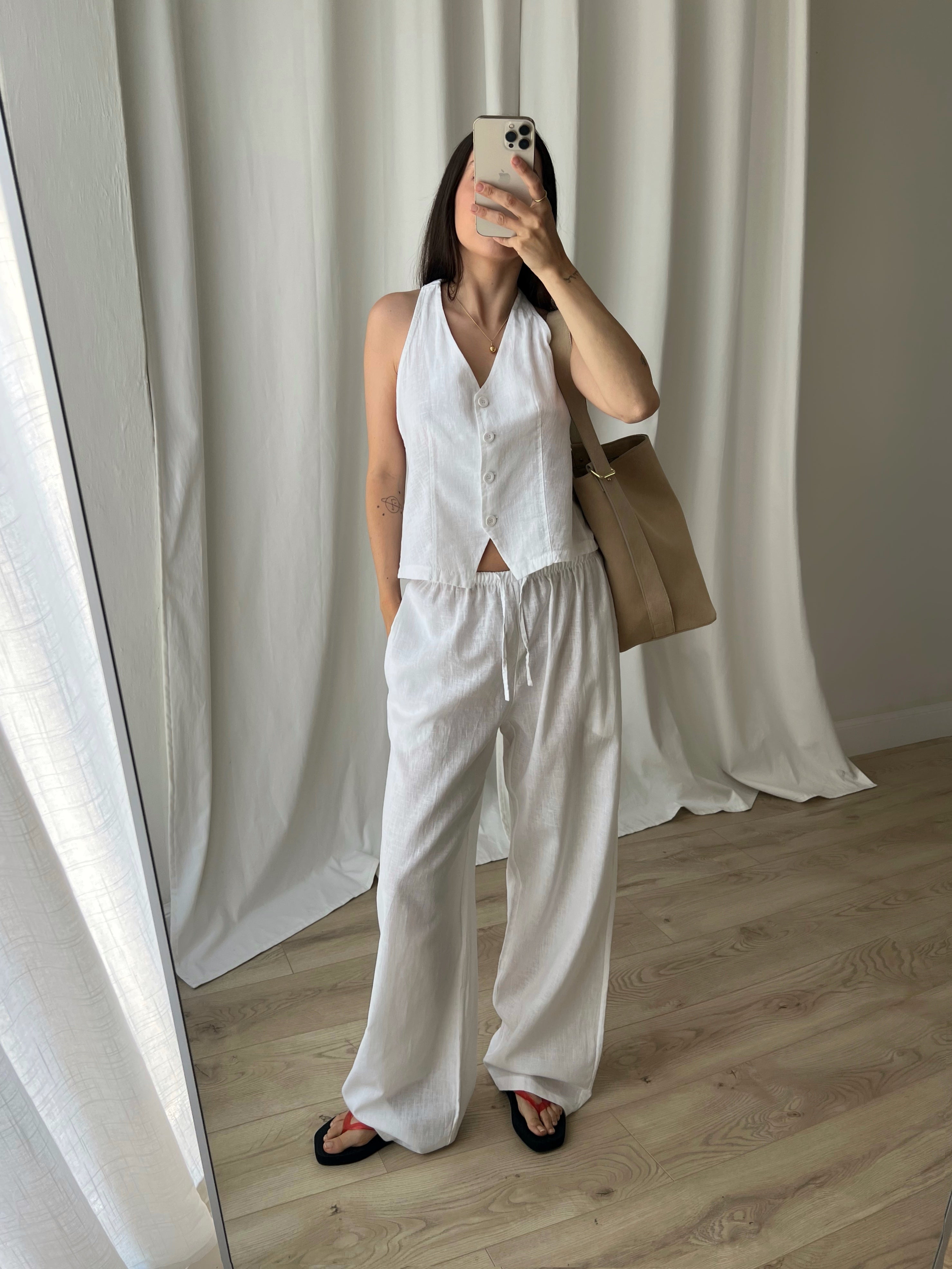 Linen and cotton wide leg pants - White