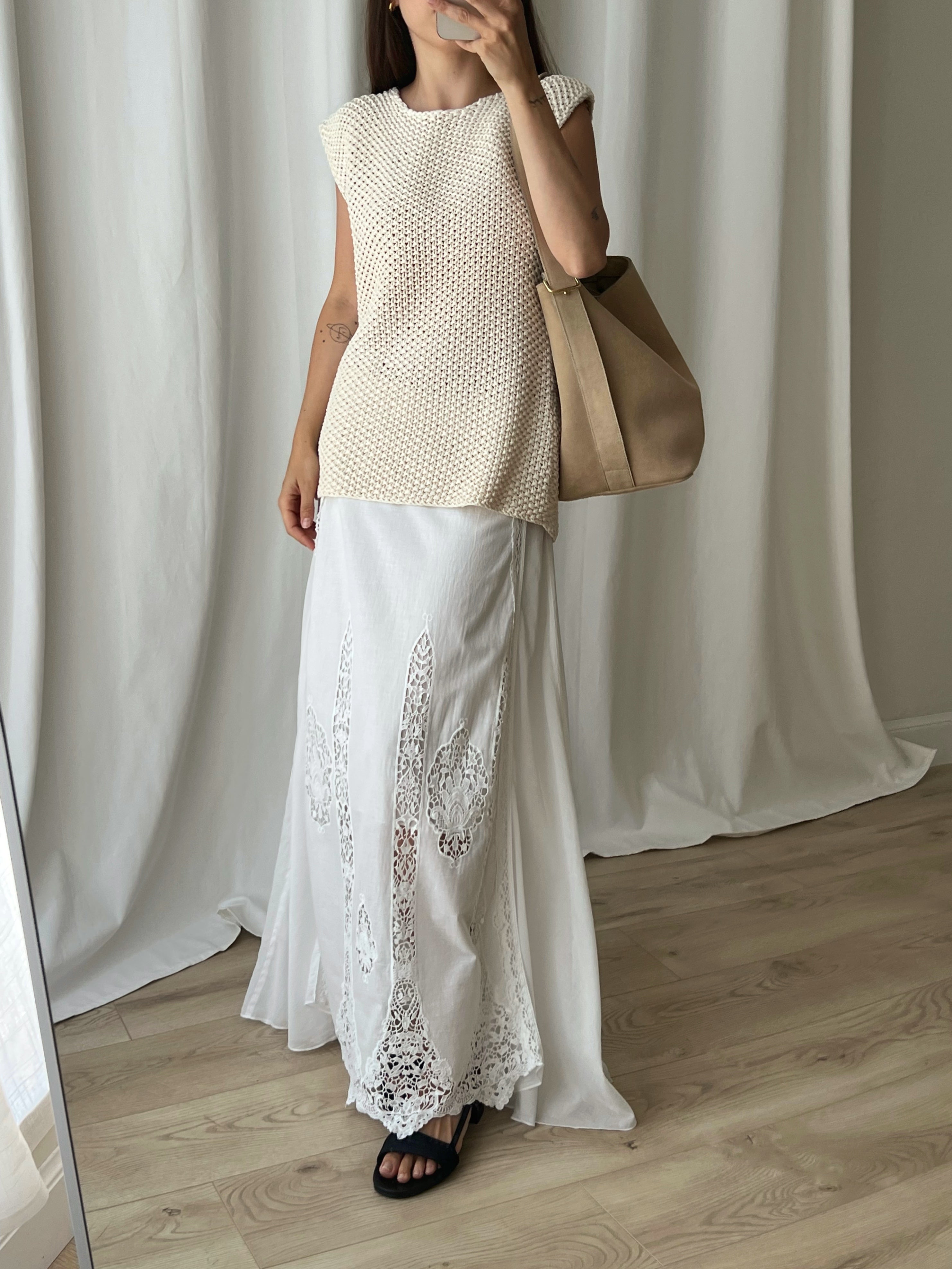 Pure cotton lace details long skirt