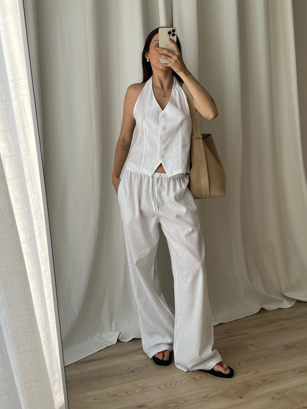 Linen and cotton wide leg pants - White
