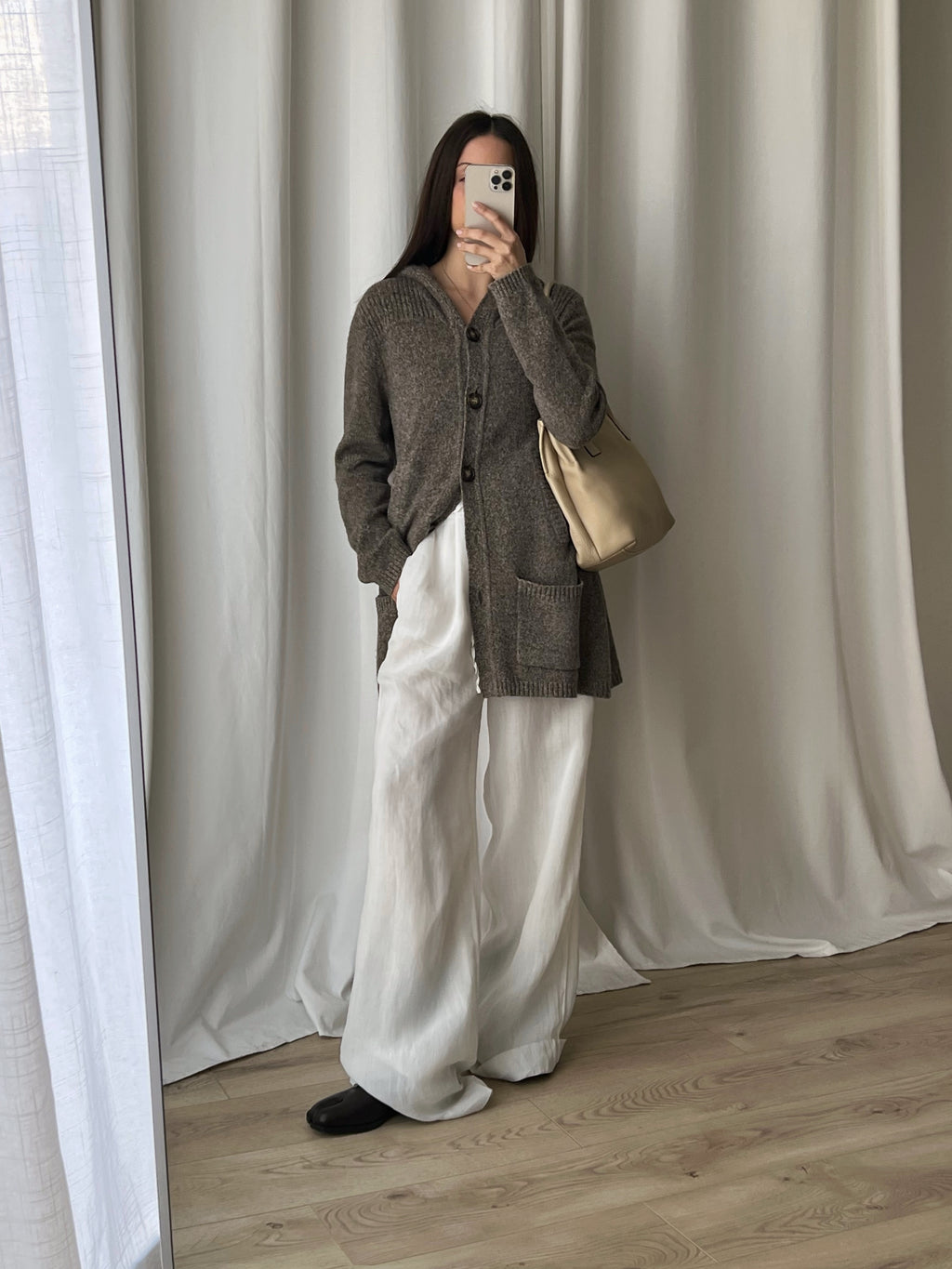 Lambswool hooded long cardigan