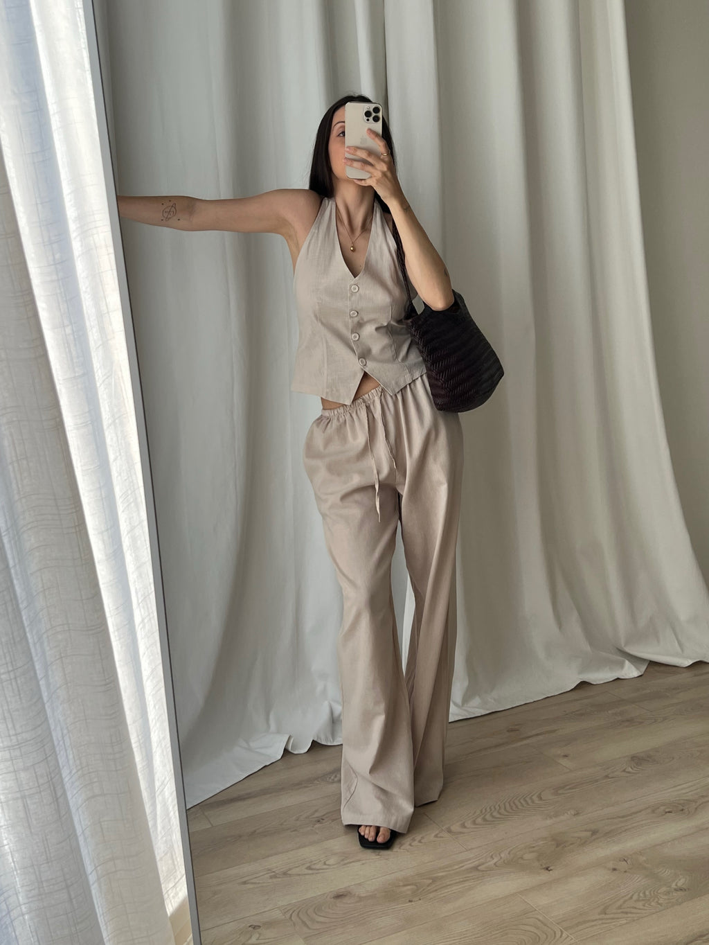 Linen and cotton wide leg pants - Beige
