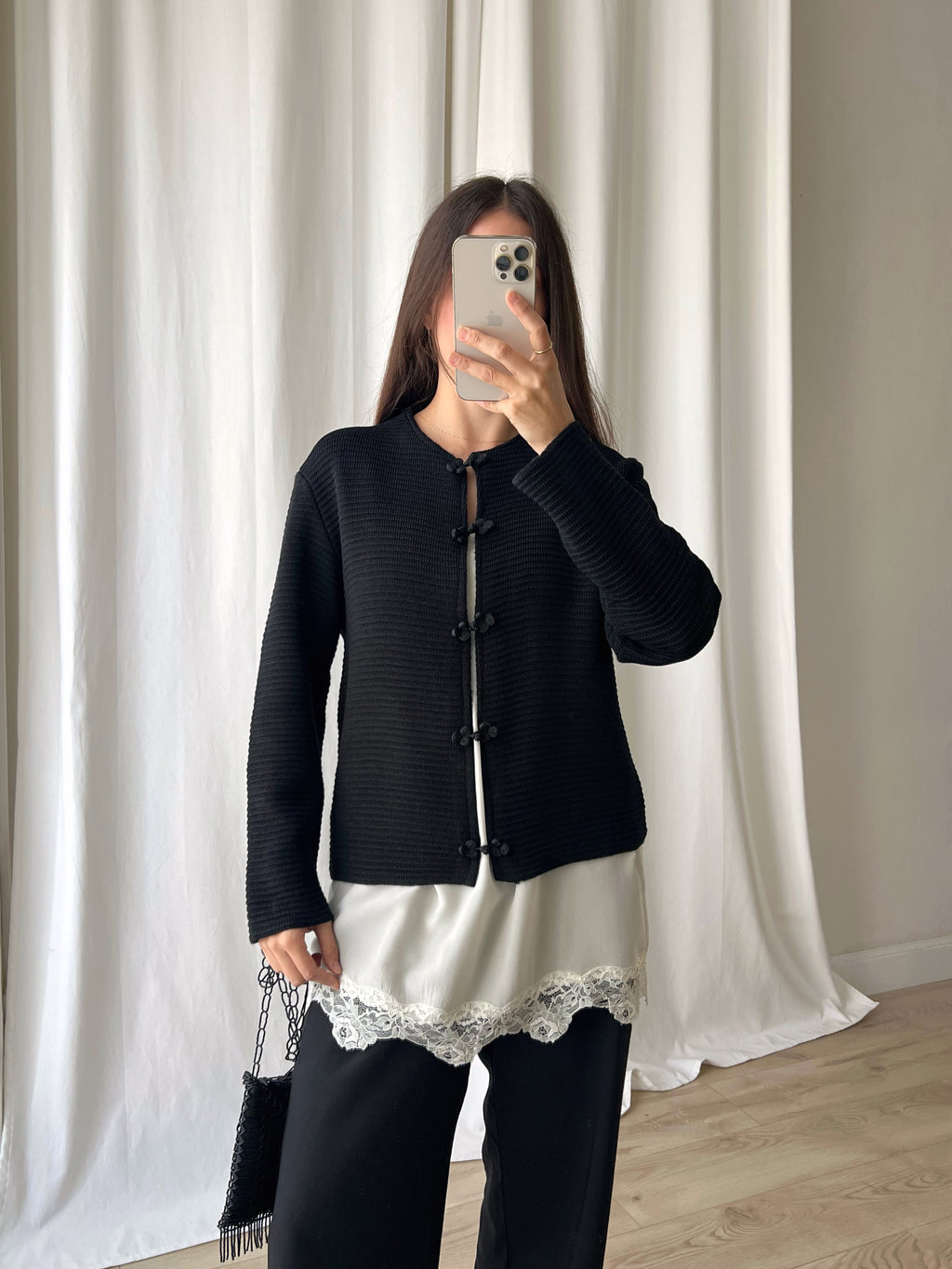 Wool blend oriental black cardigan