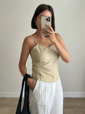 Linen beads beige top