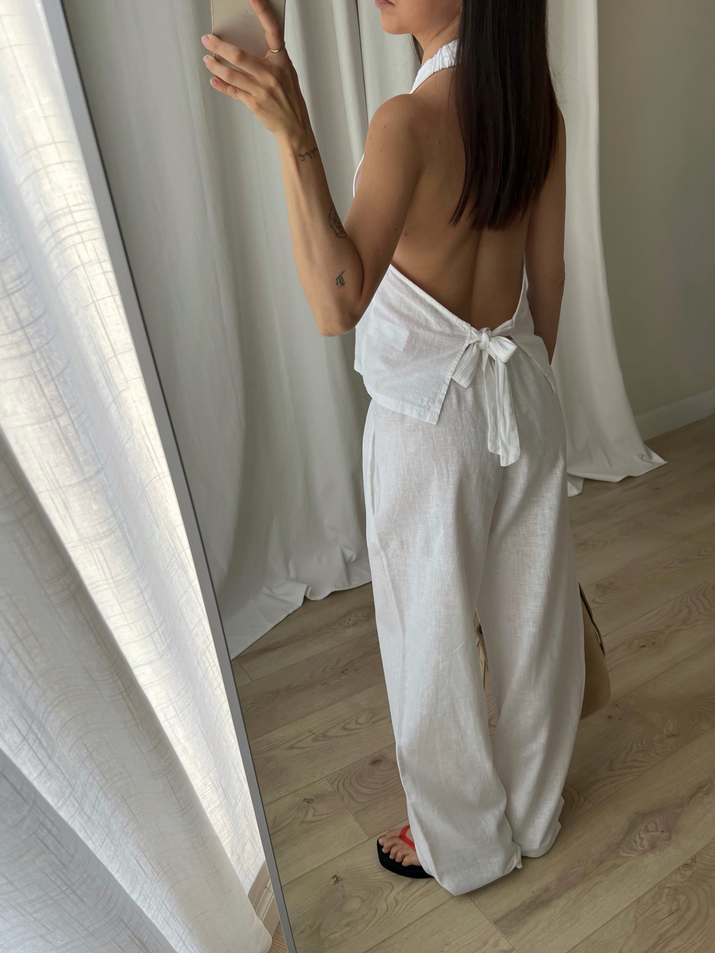 Linen and cotton wide leg pants - White
