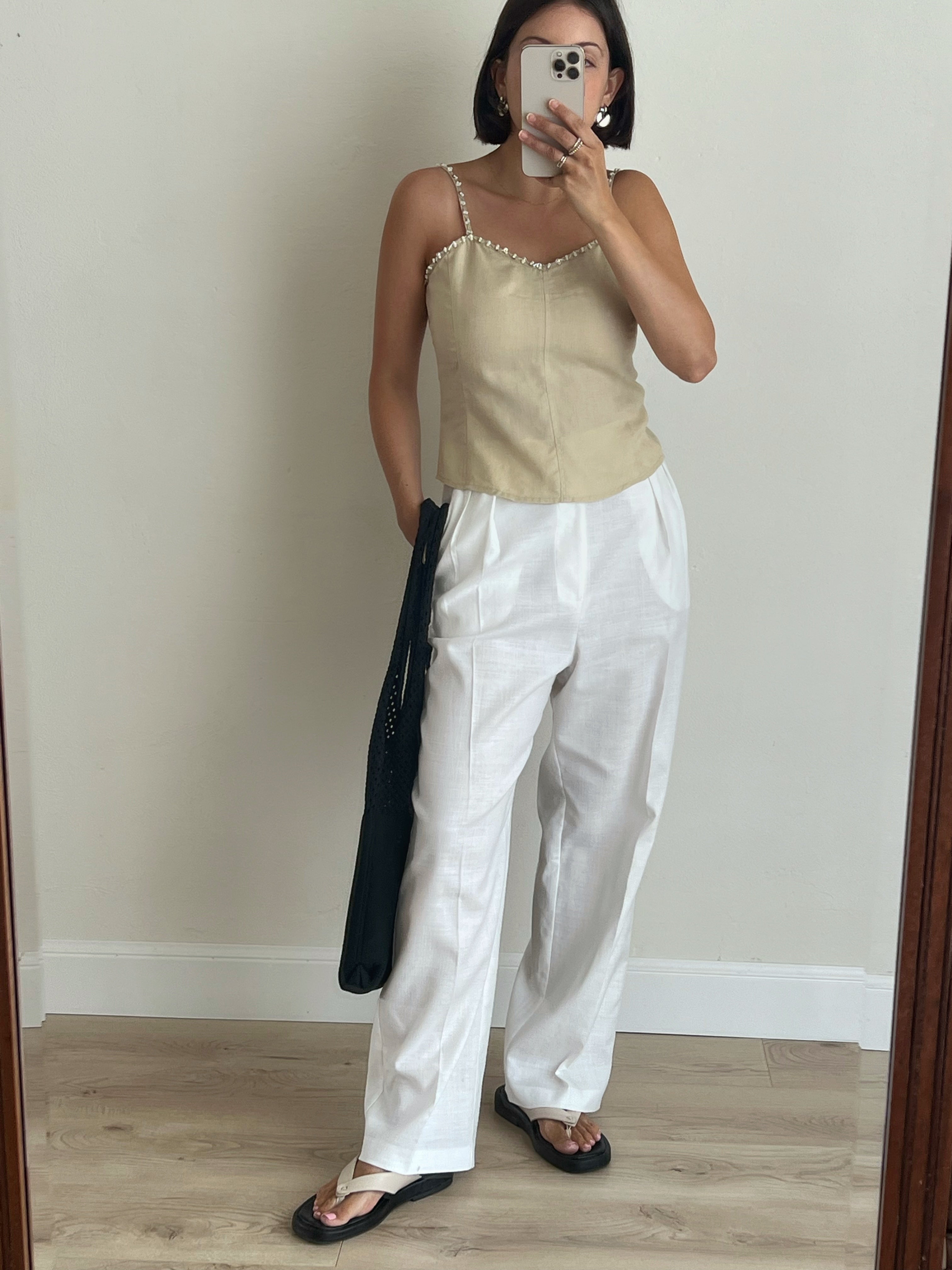 Linen beads beige top