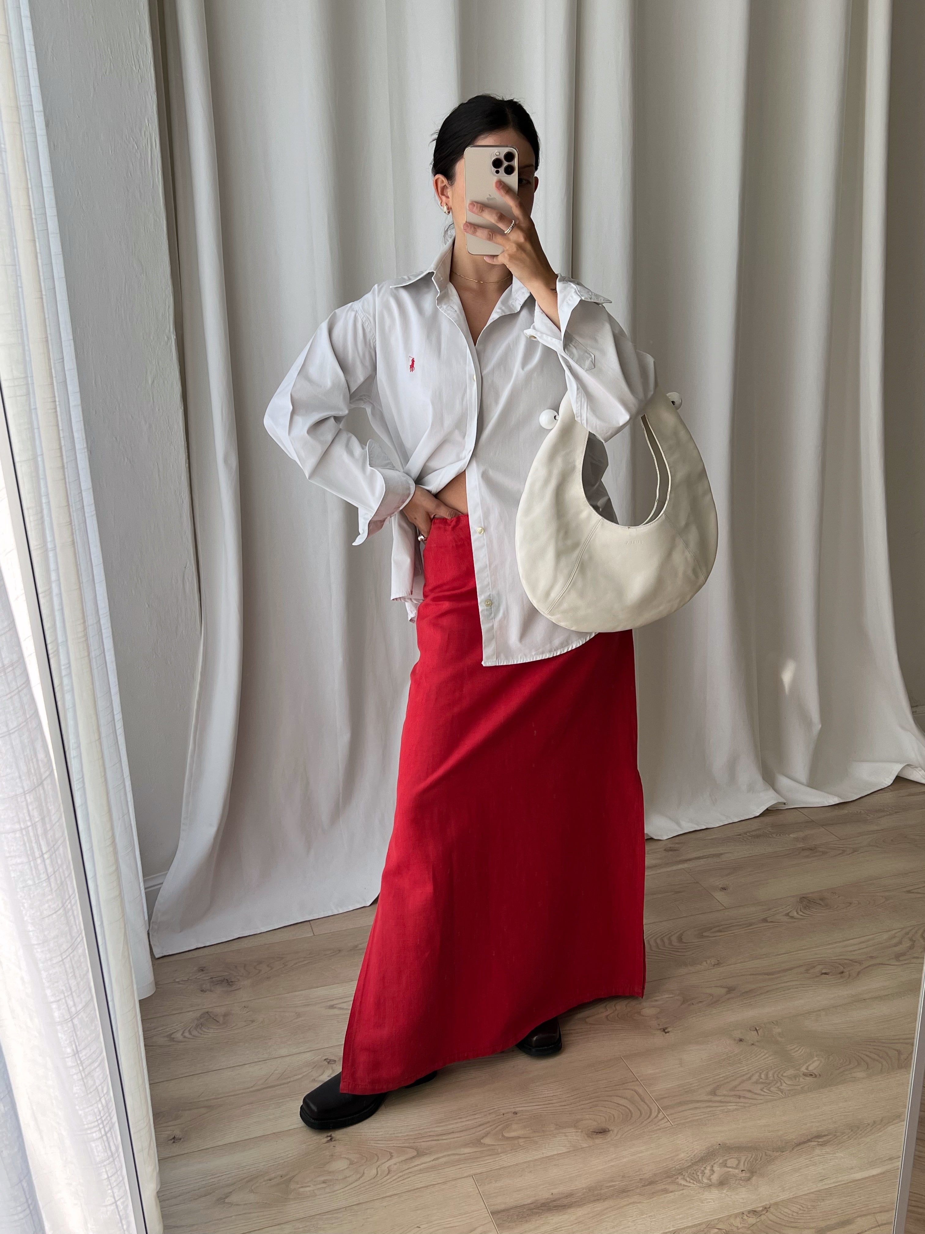 100% linen long red skirt