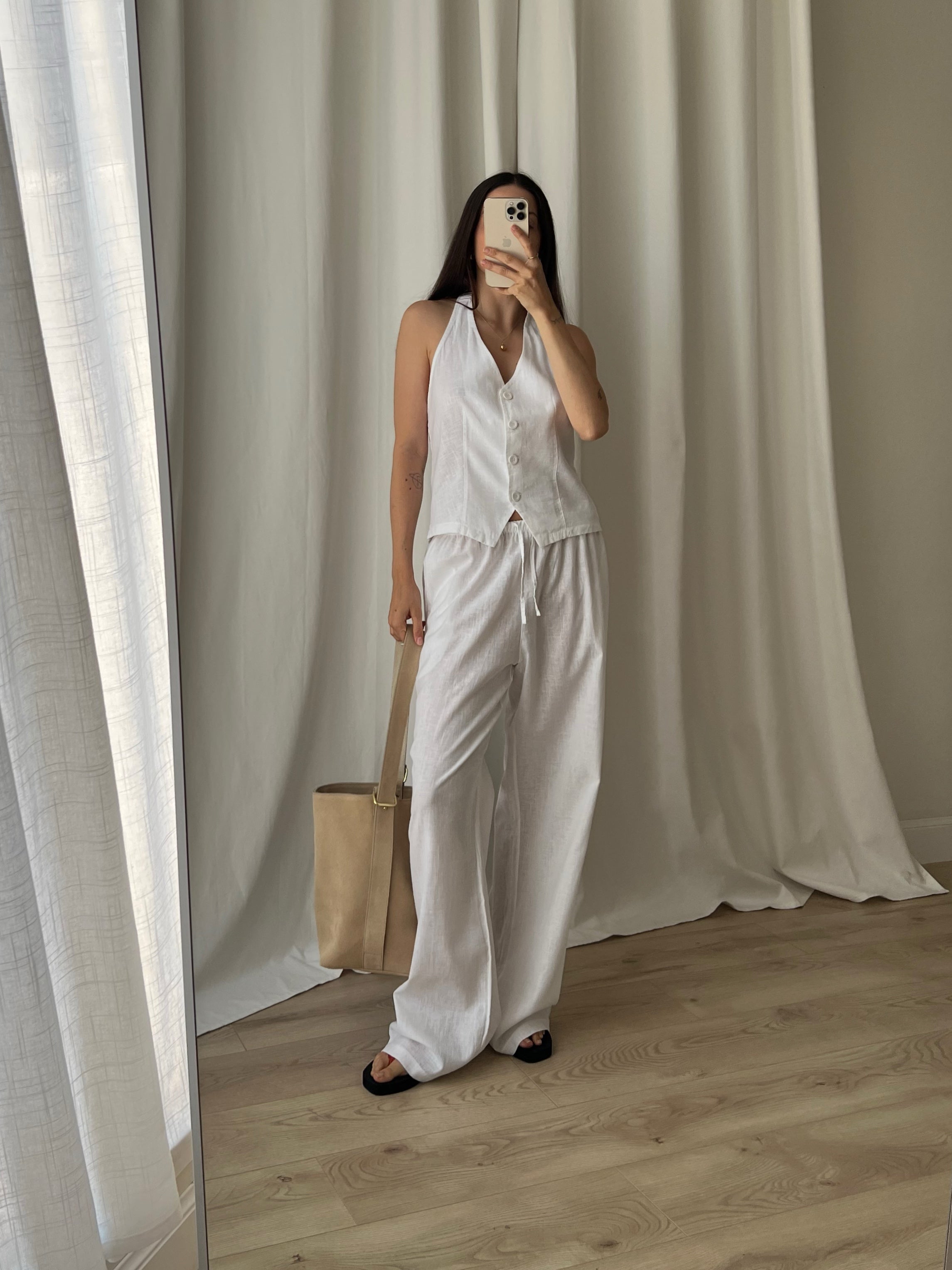 Linen and cotton wide leg pants - White