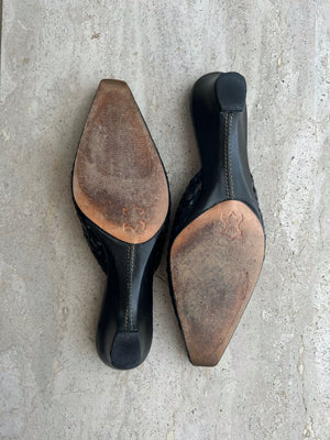 Woven real leather black mule