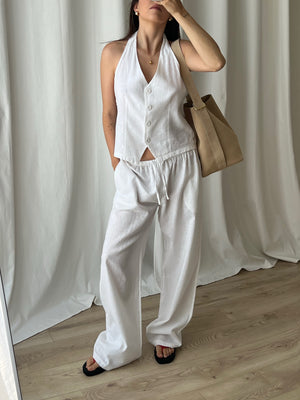 Linen and cotton wide leg pants - White