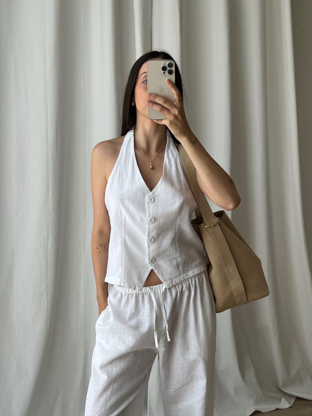 Linen and cotton halter top - White