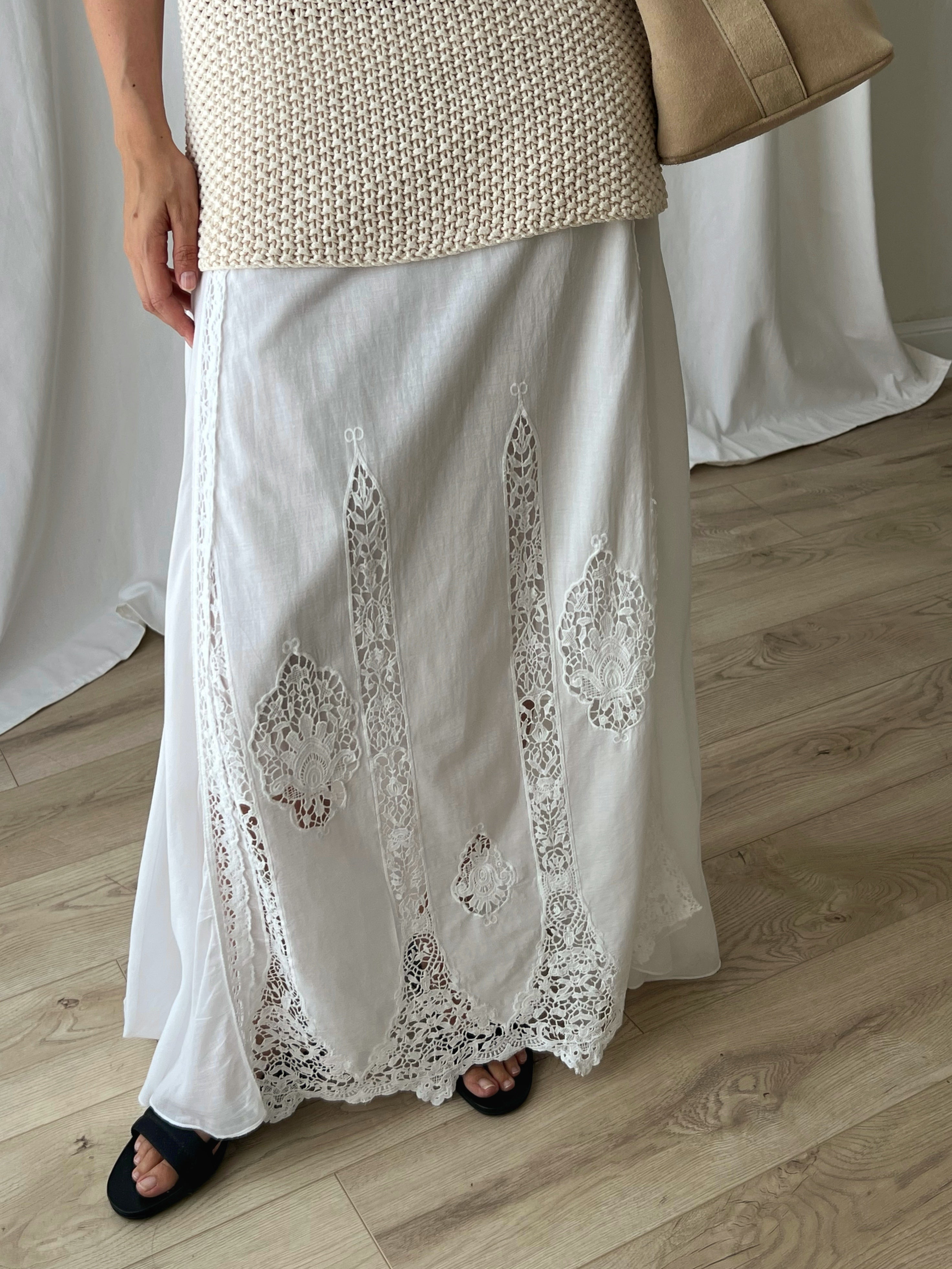 Pure cotton lace details long skirt