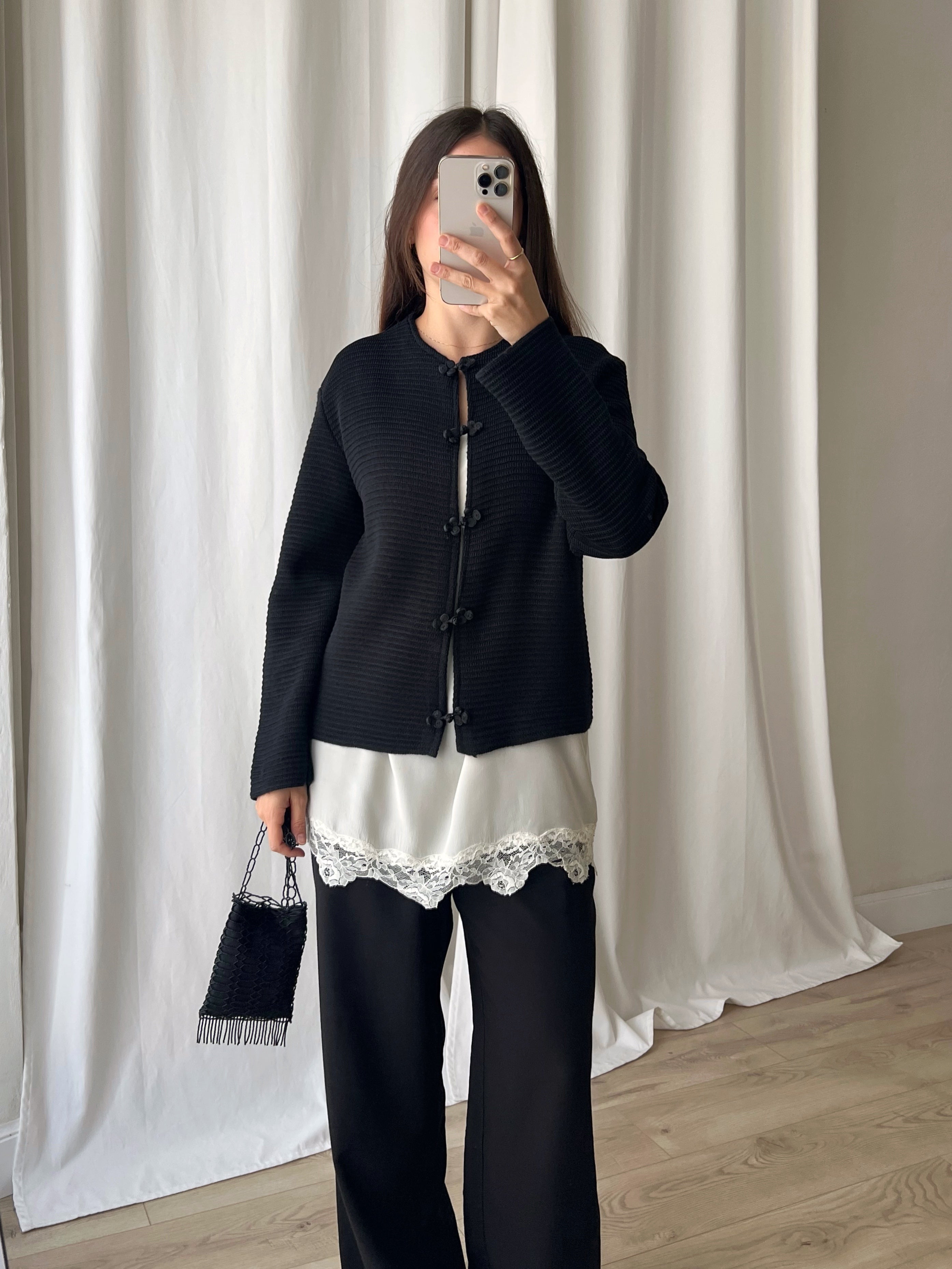 Wool blend oriental black cardigan