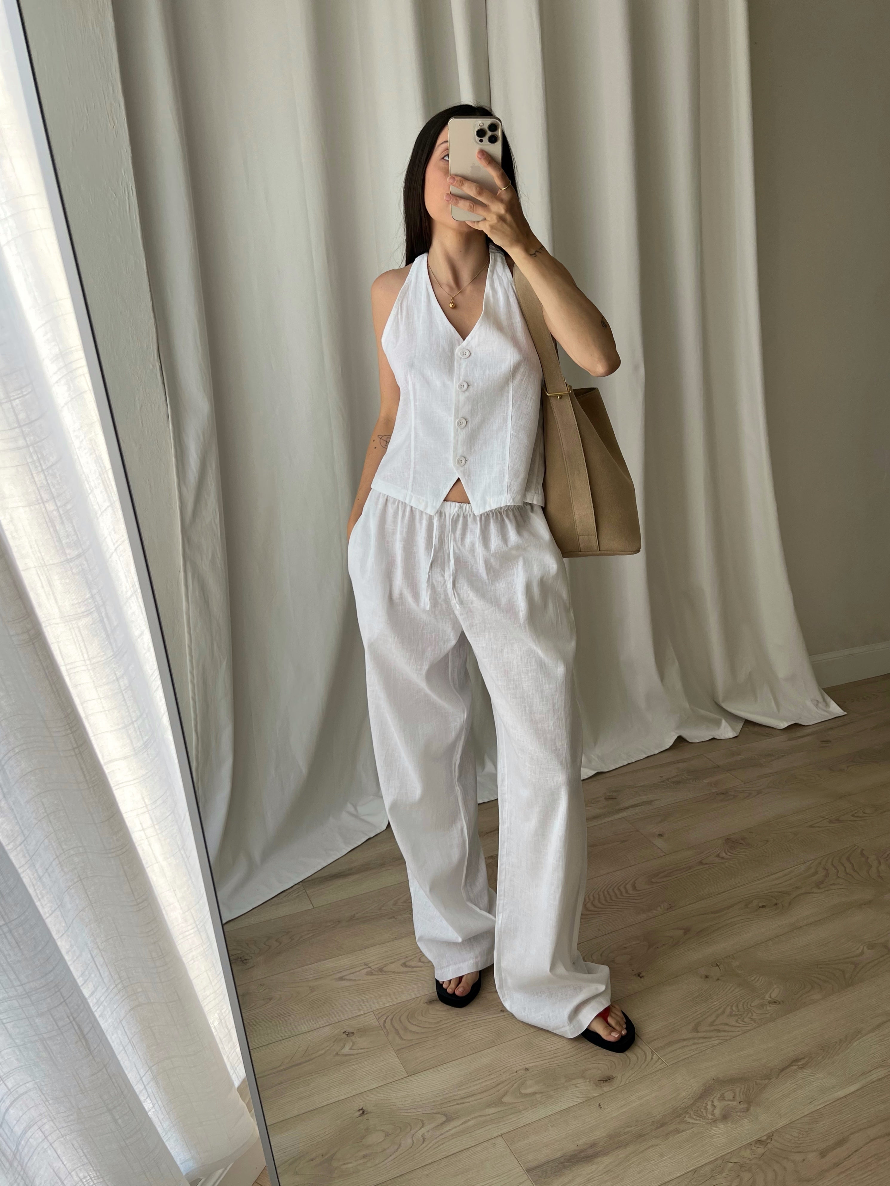 Linen and cotton wide leg pants - White