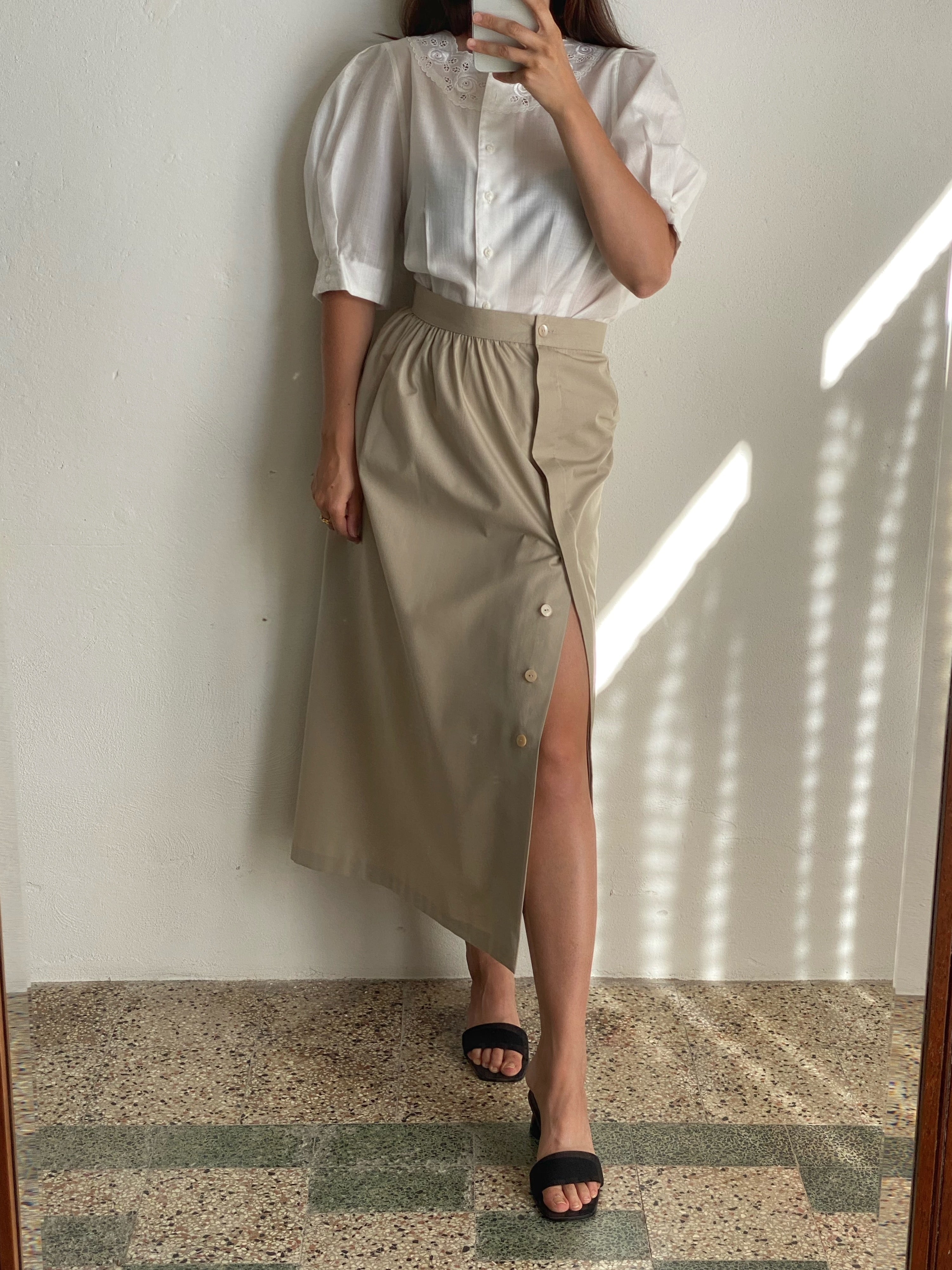 Vintage cotton blend pencil greige midi skirt